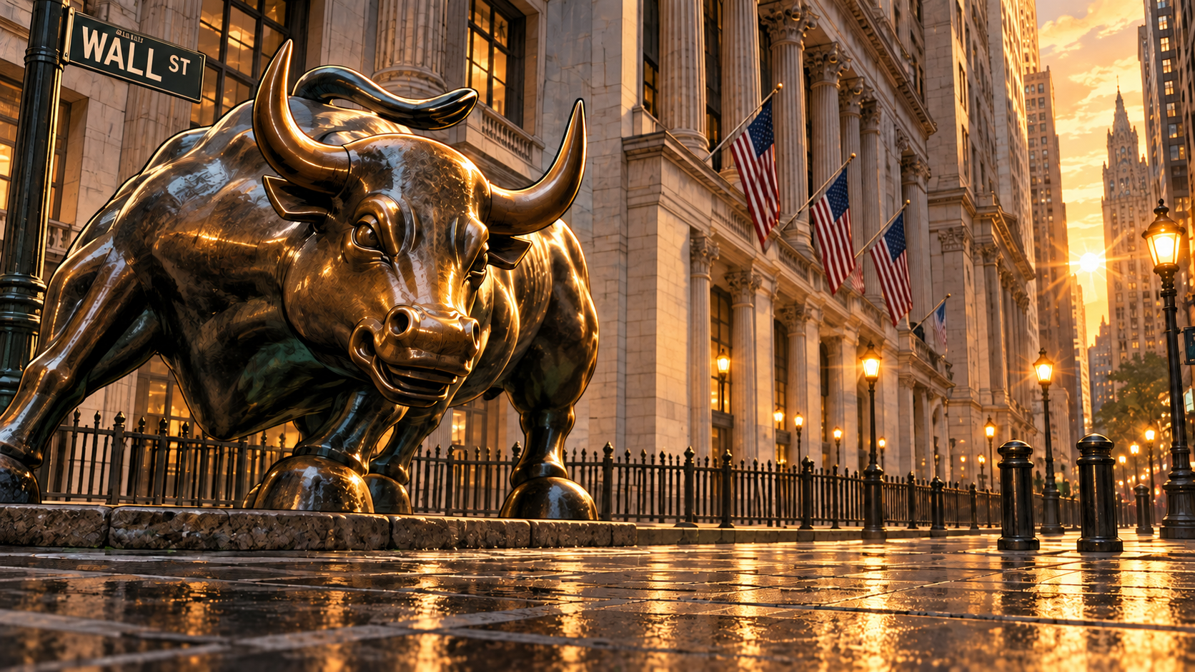 The bronze Wall Street bull at golden hour